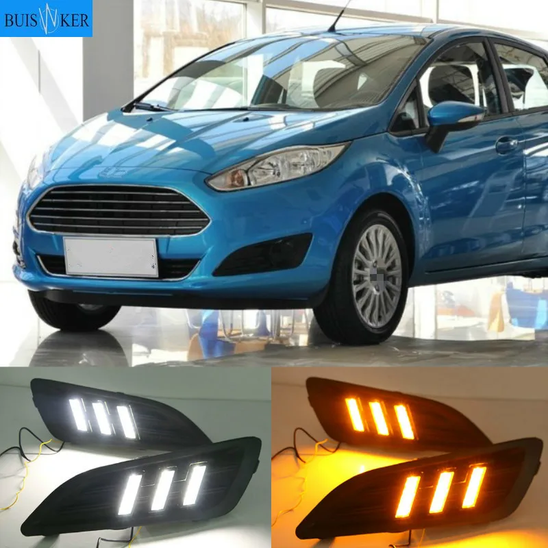 

1 пара для Ford Fiesta 2013 2014 2015 2016, светодиодсветодиодный дневные ходовые огсветильник, светодиодные дневные ходовые огни, противотуманные фары, желтые поворотные сигнальные огсветильник s