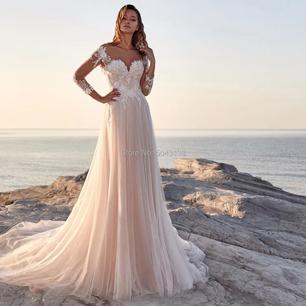 Шикарный цвет шампанского кружева A Line Boho свадебный наряд сексуальное прозрачное глубокое декольте с длинными рукавами мягкие тюлевые Свадебные платья с глубоким вырезом на спине пляж