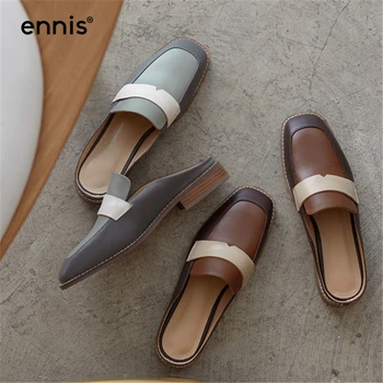 

ENNIS Brand Designer Mules Shoes For Women Genuine Leather Slippers Round Toe Shoes Spring Summer Shoes Brown Blue NEW M0009