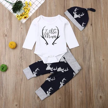 

Baby Boy Clothes New Christmas Sets Alphabet Deer Head Print Rompers Pants Headdress 3pcs Boy Clothing