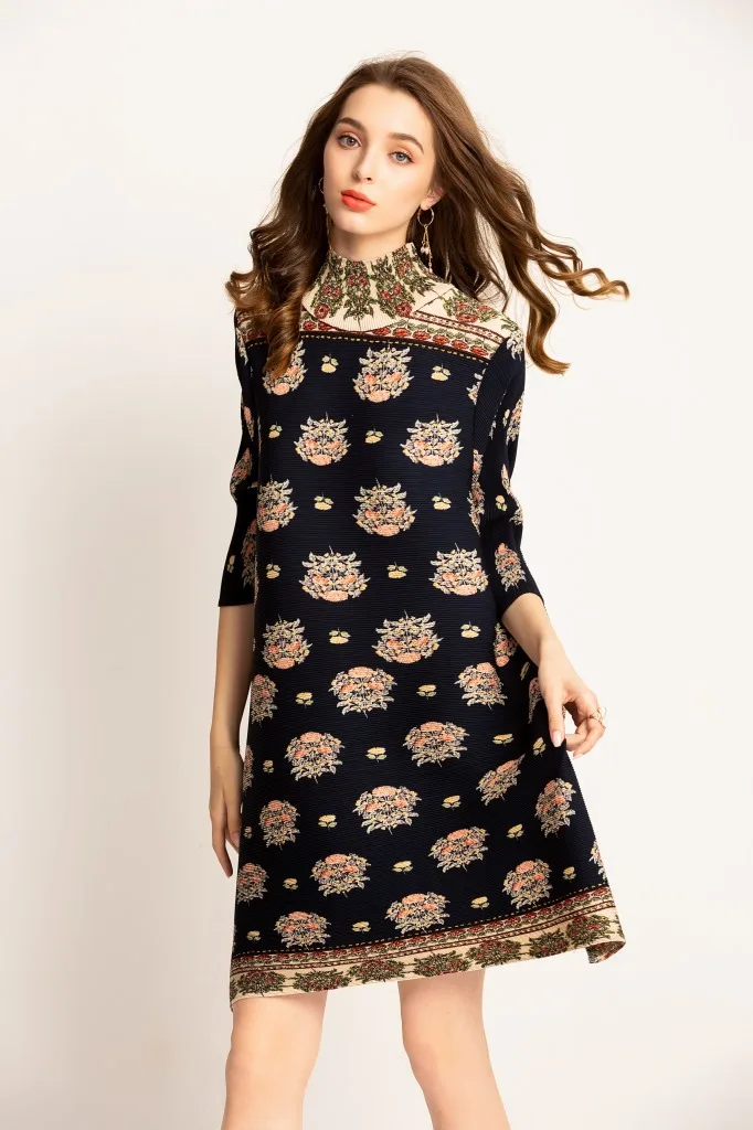 High neck print dress middle sleeve digital flower print loose dresses