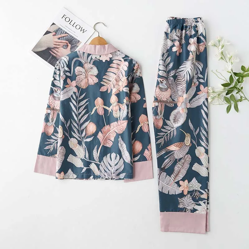 Классический стиль magpie цветочное атласное с узором Хлопковые женские пижамы наборы с длинными рукавами и штаны пижамы с отложным воротником домашний костюм