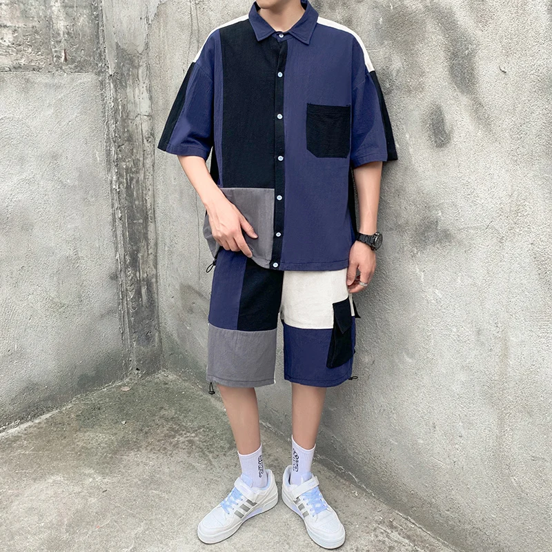 Shirt Shorts Clothing Mens Set Oversized Korean-Style Knee-Length-Pants Patchwork-Pocket