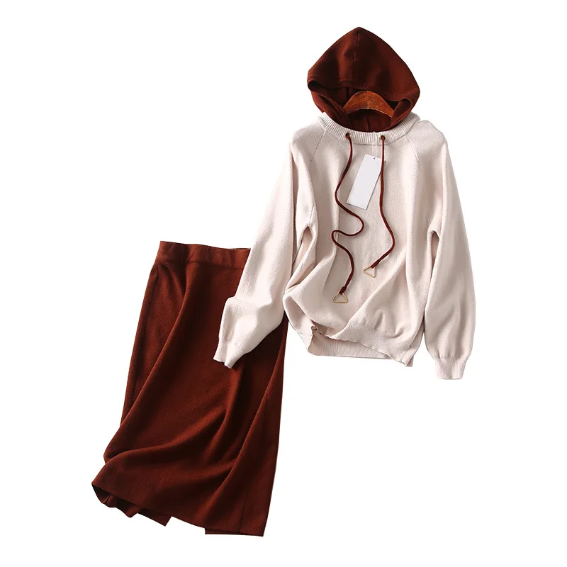 

A Generation of Mixed Colors Hooded Knit Hoodie High-waisted Knitted Half-length Skirt Two-Piece Women's Entity