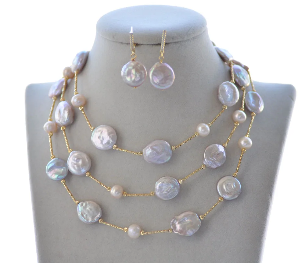 

P7559 45" 15mm Lavender Coin & Pink Round Freshwater Pearl Necklace & Earring