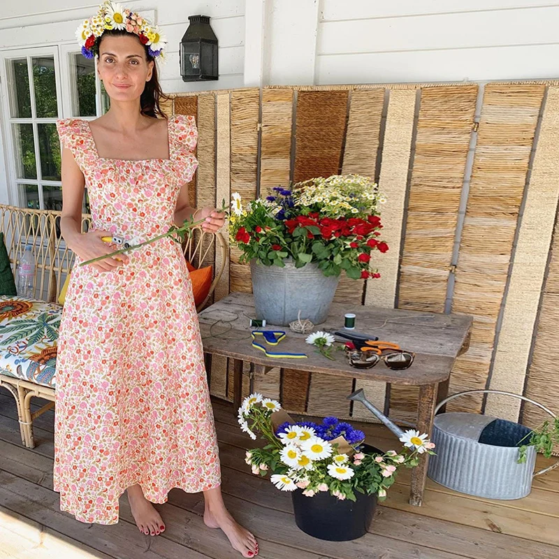 

2019 New Women Pink Citrus Floral Square Ruffle Neck Long Dress Printed Linen Maxi Dress