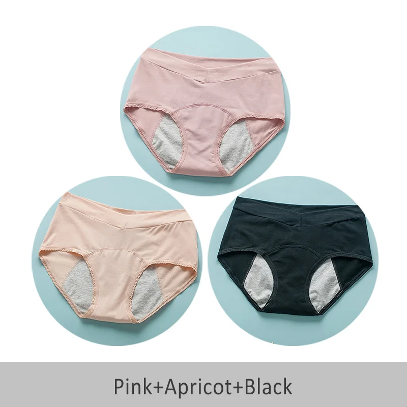 Pink Apricot Black 3 шт., противопротекающие трусики для менструации, хлопковые трусики, женское сексуальное физиологическое нижнее белье, водонепроницаемые бесшовные трусы с v-образной талией - Цвет: Pink Apricot Black