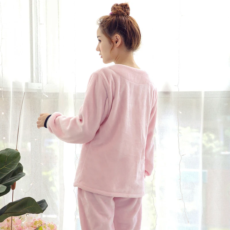 Толстые теплые фланелевые пижамные комплекты для женщин осень зима длинный рукав v-образный вырез коралловый бархатный Пижамный костюм домашняя одежда