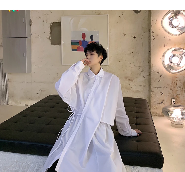 Мужская винтажная японская Асимметричная дизайнерская свободная длинная стильная рубашка Мужская Уличная панк Готическая Повседневная рубашка с длинными рукавами сценическая одежда
