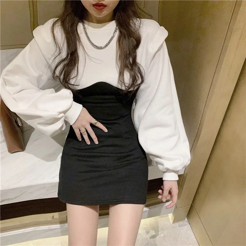 QWEEK 2021 Fashion Korean Style Bodycon Mini Dress Women Kpop Lantern Sleeve Slim Wrap Short Dresses Casual Autumn Winter Female bridal shops near me