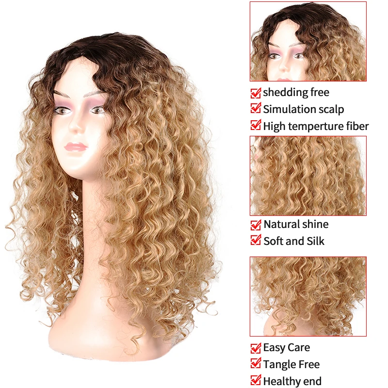 Ombre Blonde Curly Wig For Women Brown Roots Long Curly Hair Wig Heat Resistant Fiber Synthetic Cosplay Wig Blonde Msglamor
