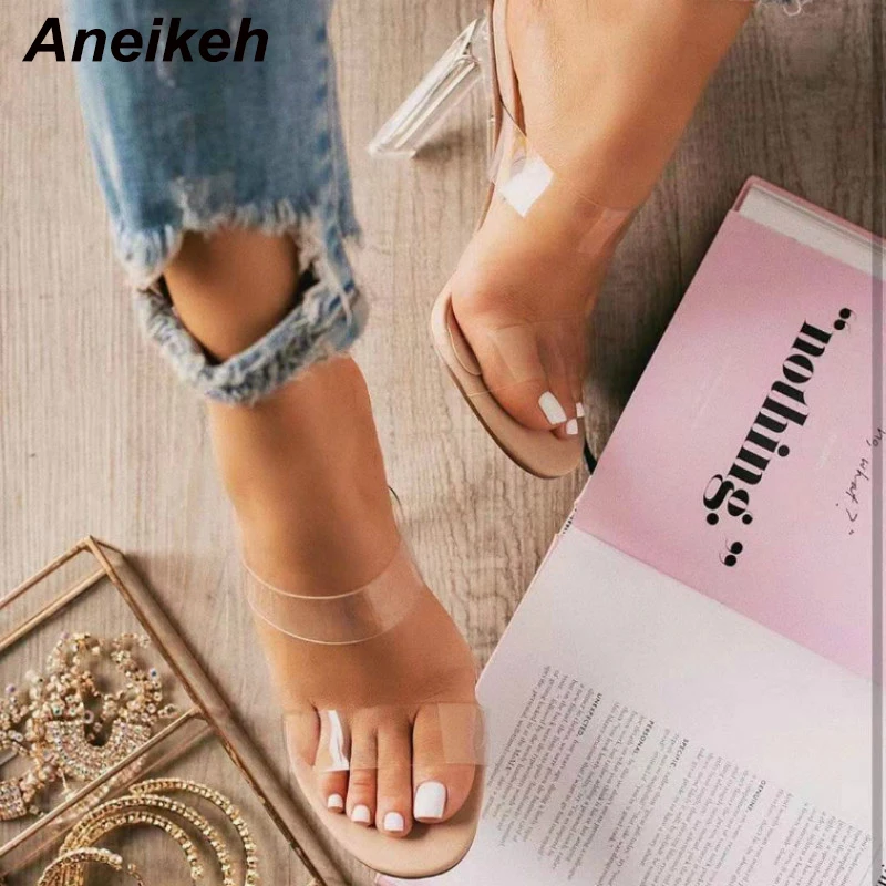 Aneikeh сексуальные комнатные туфли без шнуровки на тонком каблуке, тапочки из ПВХ-желе, с открытым носком, на высоком каблуке, с кристаллами, женская обувь на прозрачном каблуке
