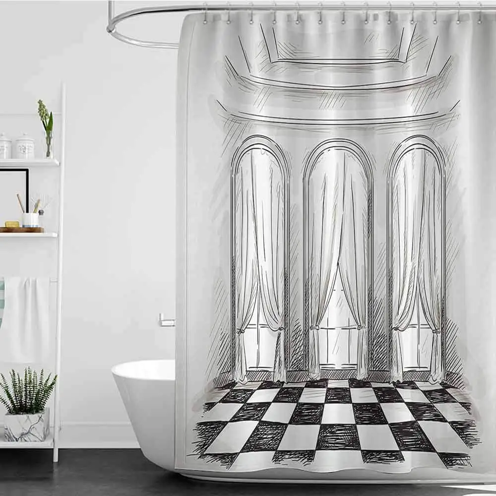 

Shower Curtains Nature Theme Antique Decor,Sketch of A Classic Parlor Ballroom Hall Castle Baroque Theatre Curtains llustration