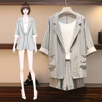 

plus size 2020 Summer Women 5XL Three piece sets workwear Striped Single Button Coat Tops + Shorts Elastic Waist Set 3 Piece Set