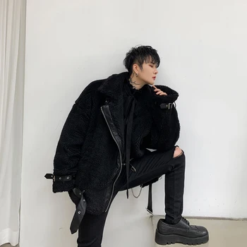 

Male Streetwear Hip Hop Punk Gothic Coat Outerwear Men Winter Thick Fake Lamb Splice Leather Cotton Padded Motorcycle Jacket