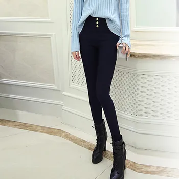 

Women Spring Solid Color Pants Thin Stretch Black High Waist Button Pants All-match Pencil Pants
