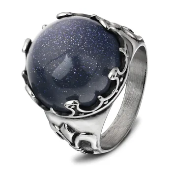 

Big Oval Blue Sandstone Rings Gemstones Rings Men Punk Style Wholesale Big Blue opal Ring Anniversary Party Gifts