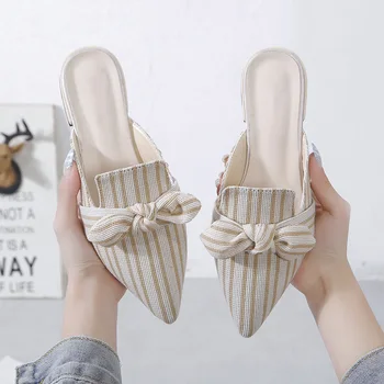 

MCCKLE Summer 2020 Women's Slippers Ladies Elegant Pointed Toe Bowtie Woman Stripes Low Heels Women Shoes Fashion Female Mules