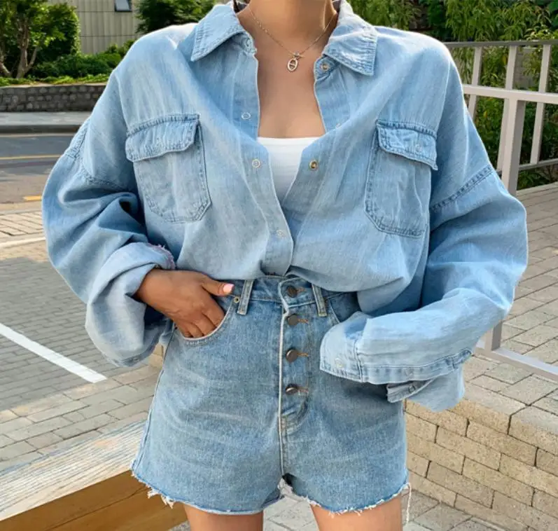 

Spot summer ~ joker wide-legged easing of tall waist not overlock color denim shorts