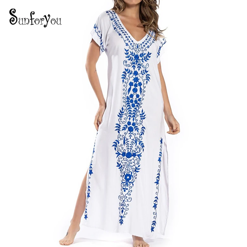 Embroidery Cottonlong Beach Cover Up Pareo Beach Kaftan Robe Plage
