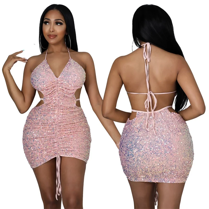 

Winter Fashion Women's Nightclub SEXY PINK SEQUIN Pleated Skirt Lace Up Hot Bare Back Dress Tight Hip Wrap Skirt Short Skirt