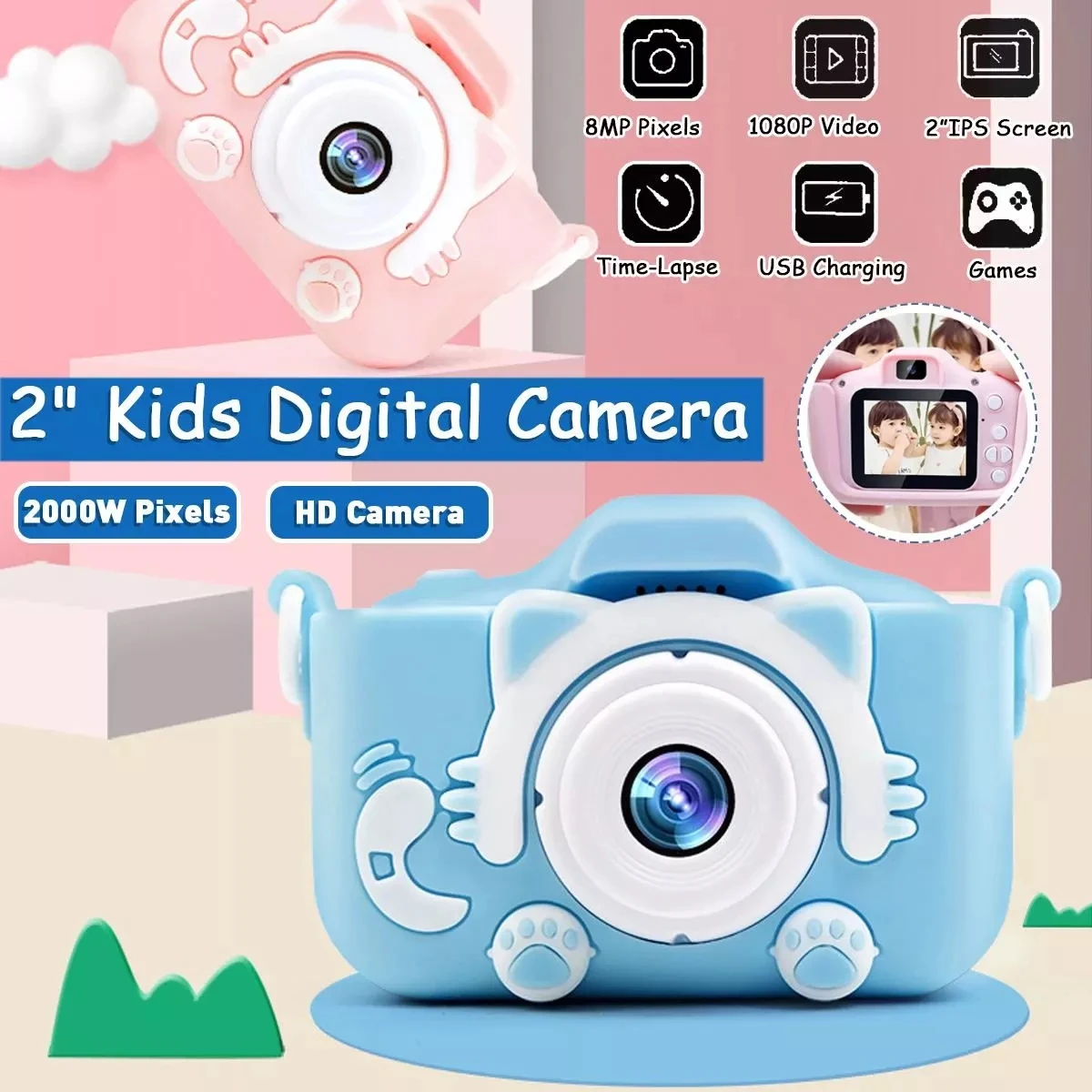 

Mini HD Camera Toys 2 Inch HD Screen Digital Camera Video Recorder Timed Shooting Sports Camera Dual Cams Kids 32GB Toy Camera