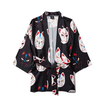 

#3743 Simle Face Cat 3d Print Black Kimono Jacket Men With Betl Loose Thin Cardigan Jacket For Men Women Harajuku Kimono Unisex