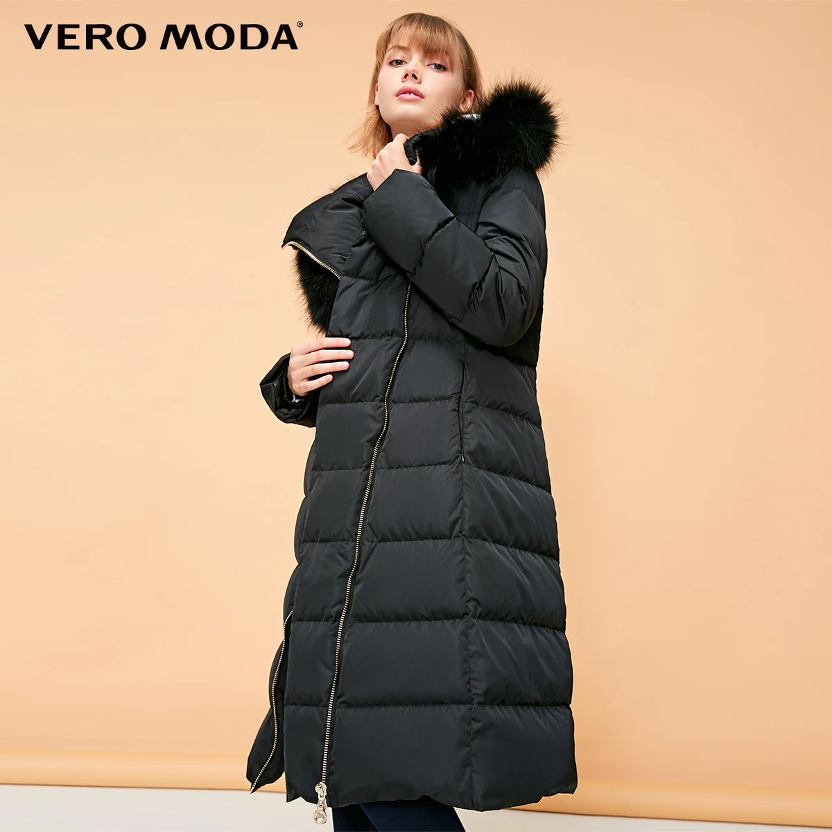 Vero Moda женский 90% белый утиный пух Талия молния с капюшоном мех енота длинный пуховик парка пальто | 318412532 - Цвет: Black