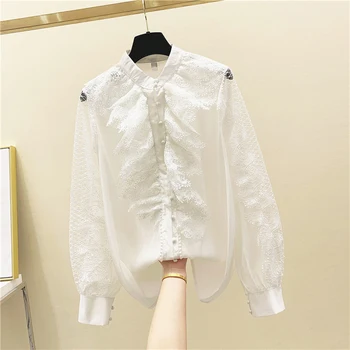 

Lace Blouse Woman 2020 Spring New Stand-Collar Ruffle Lace Shirt Women Long-Sleeve Loose White Shirt Blouses Blusas Mujer