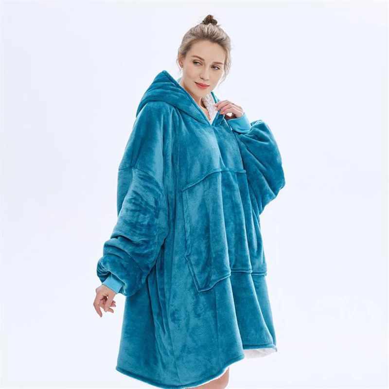 Теплое одеяло с длинными рукавами, плотные флисовые толстовки, модные пальто с капюшоном, одноцветные, с карманами, верхняя одежда, новинка, один размер, женское одеяло, s - Цвет: Синий