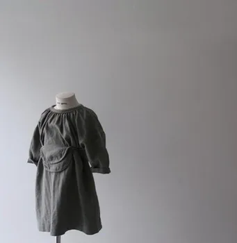 

2020 ins Baby Girls Japan and South Korea Dress with Bags Children Simple Long Sleeve Leisure Dress