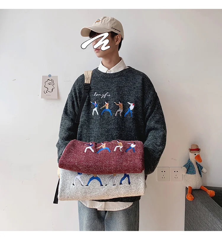 Autumn New Cartoon Men's Sweater Ins Hong Kong Sweaters Long Sleeve O-neck Korean Loose Thick Male Sweaters Sueter De Hombre