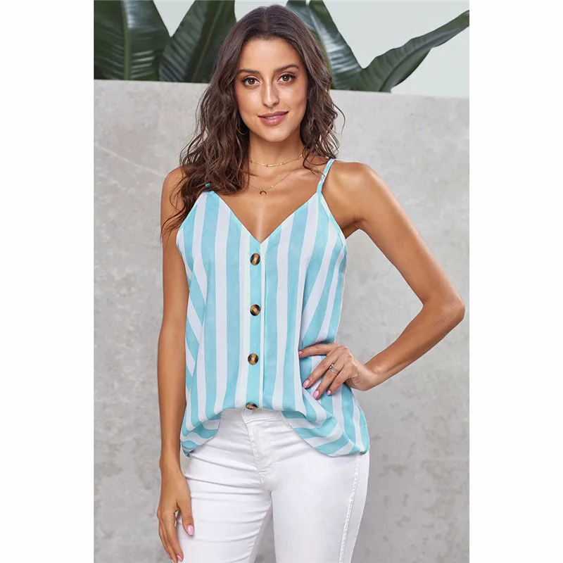 New Striped Vest Women's T-shirt 2020 Summer New V-neck Single Breasted Suspender Top European and American