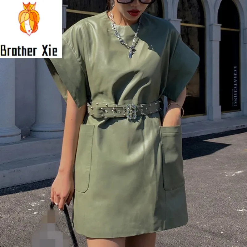 

Fashion Genuine Leather Dress Women Elegant Office Slim Pocket Sheepskin Dress Streetwear Short Sleeve Autumn Short Dress M-3XL
