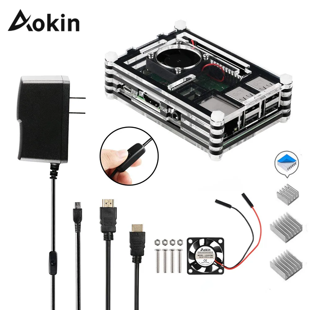 Акриловый черный чехол 4 в 1 для Raspberry Pi 3 + с мини вентилятором радиаторами и USB 5 2