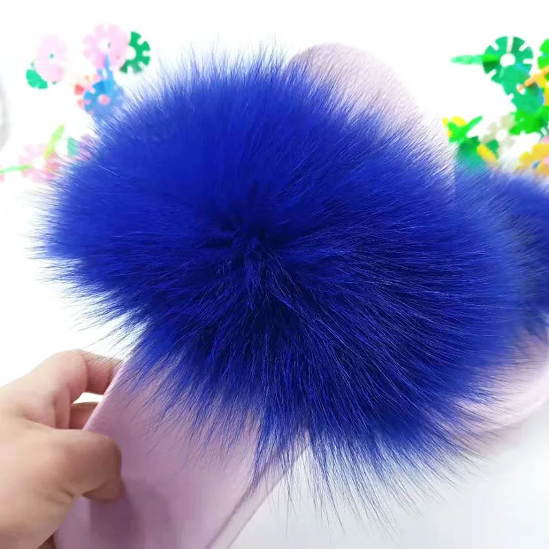 Blue Новинка; розовые модные роскошные меховые шлепанцы; женские летние меховые шлепанцы; пушистая домашняя обувь; женские Вьетнамки; женские меховые сандалии - Цвет: Blue