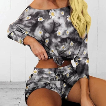 

Women 2020 Summer Pajama Set Fashion Tie-dyeing Print Long Sleeve Tops & Shorts Set Ladies Loungewear Nightwear Sleepwear