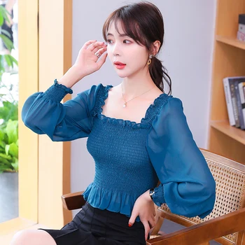 

COIGARSAM Full Sleeve blouse women New Spring Chiffon Square Collar High Waist blusas womens tops and blouses Blue Black 6307