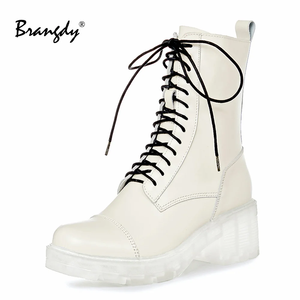 

Brangdy Fashion Women Martin Boots Genuine Leather Square Heel Round Toe Womens Winter Boots Zipper Lace Ankle Boots Size 34-39