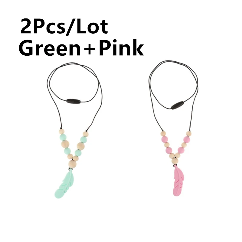 Green Pink 2 шт./партия, 3 цвета, силиконовые бусины для новорожденных, прорезыватель, перо, подвеска, тренировочные грызунки, ожерелье, детские жевательные игрушки - Цвет: Green Pink