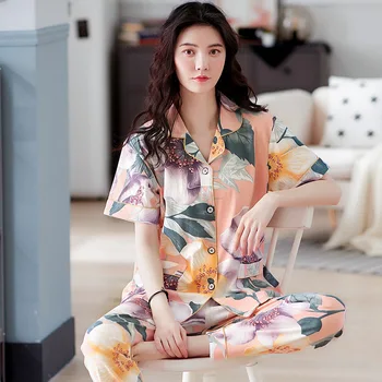 

Flower Print Pajamas Set Women Cotton 2PCS Sleepwear Summer Shirt&Pants Short Sleeve Pyjamas Suit Female Casual Home Clothes