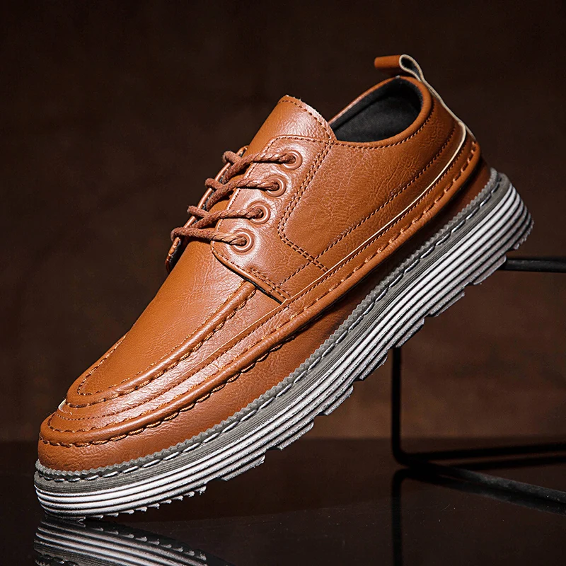 

Autumn 2019 Man Pu Leather Casual Sneakers Comfortable ace Up Flats Men Shoes Designer Young Casual Shoes Anti-Slip Walking Shoe
