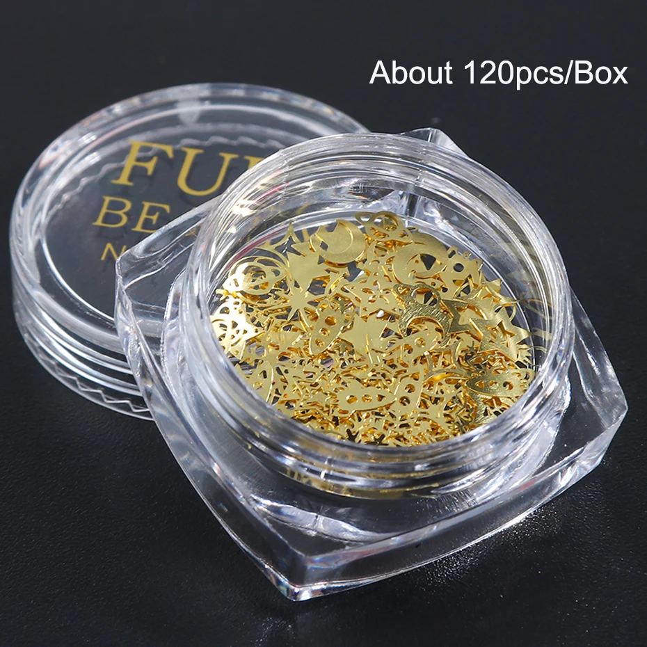 120pcsbox 3D Alloy Flakes Nail Art Decorations Gold Star Moon Snowflake Metallic Sequins Paillete Manicure Accessories BE970-C (6)