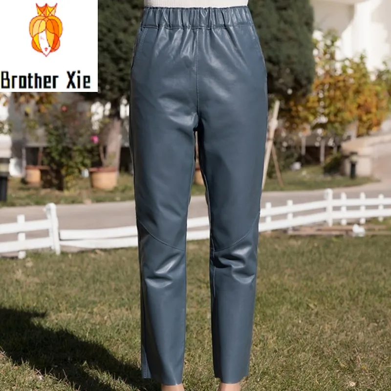 

Spring Sheep Skin Slim Pants Genuine Leather Solid Ankle Length Lady Trousers Straight Pants Women Sheepskin Real Leather