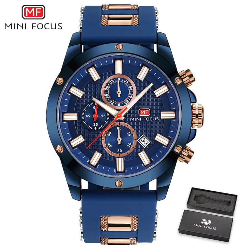 Мини-фокус спортивные военные часы Мужские кварцевые часы хронограф 3 циферблата 6 рук многоцелевой синий мужские s часы лучший бренд класса люкс - Цвет: BOX BLUE