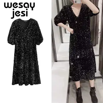 

2020 NEW Dress Women Bohemia style Sequins velvet vintage V-neck chic vestidos vestidos de fiesta de noche Party Women Dresses