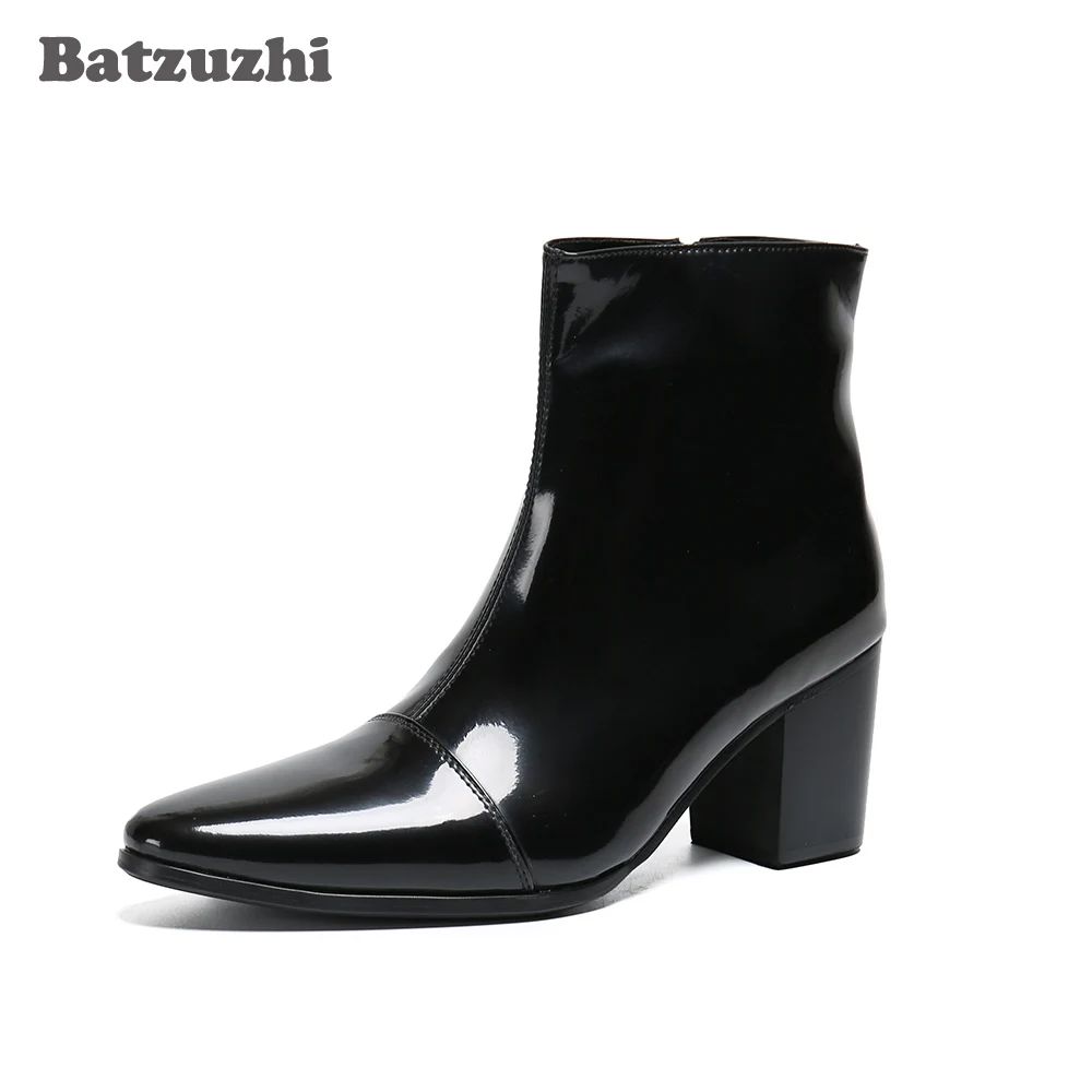 

Batzuzhi Leather Dress Boots Men 7CM High Heel Men Boots Pointed Toe Zip Black Business Leather Ankle Boots Bota Masculina!