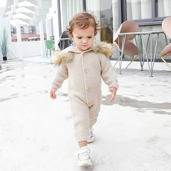 

Newborn Baby Boy Rompers Knitted Toddler Girls Hooded Fur Jumpsuit Baby Clothes Long Sleeve Infant Boy Overalls Children Outfits