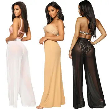 

Women's Boho Wide Leg High Waist Trousers Beach Long Loose Mesh Sheer Pants Hot