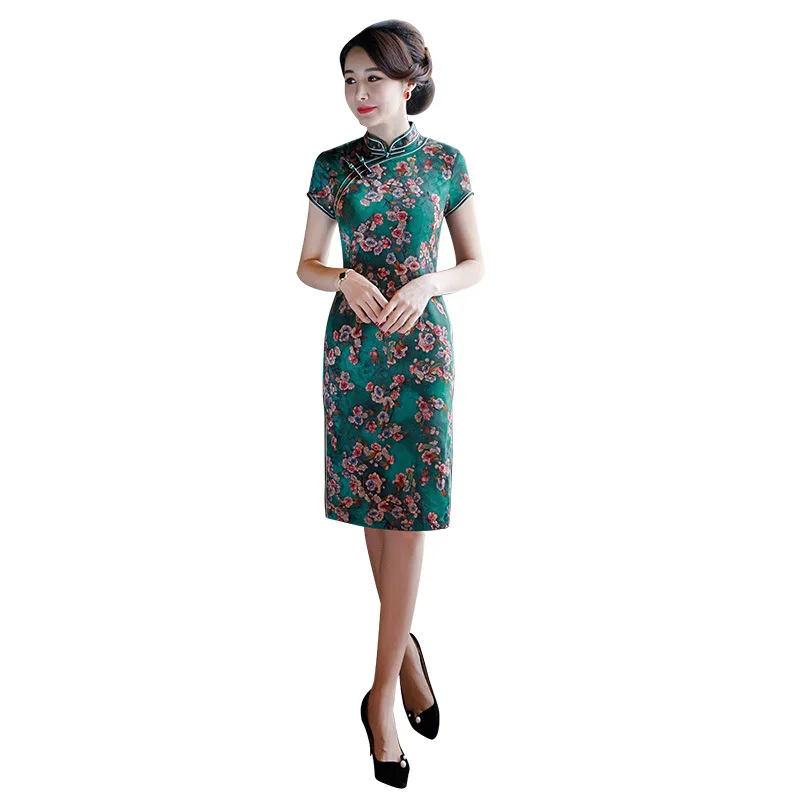 Зеленый цветочный принт натуральный шелк леди Qipao негабаритный 3XL тонкий Cheongsam сексуальный китайский вечерние выпускное платье vestidos